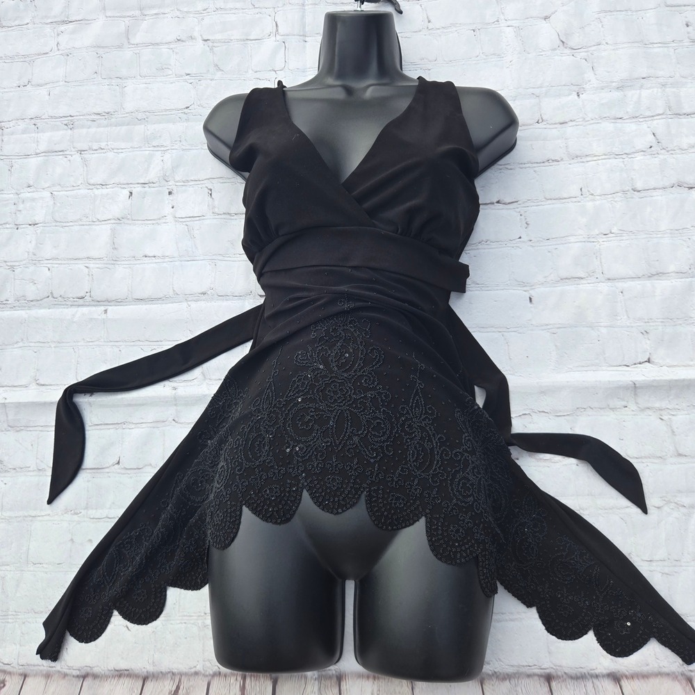 Y2k black asymmetrical scalloped hem beaded halter fairygrunge whimsigoth